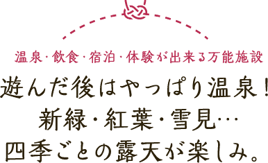 温泉・飲食・宿泊・体験が出来る万能施設 遊んだ後はやっぱり温泉！ 新緑・紅葉・雪見… 四季ごとの露天が楽しみ